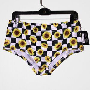 BodyRage Pull On Cheeky Hot Shorts Black White Checkered Sunflowers Festival L
